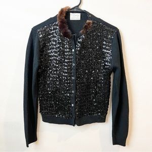 Vintage 50s Black Cardigan Sequin Mink Fur Collar Button Up S